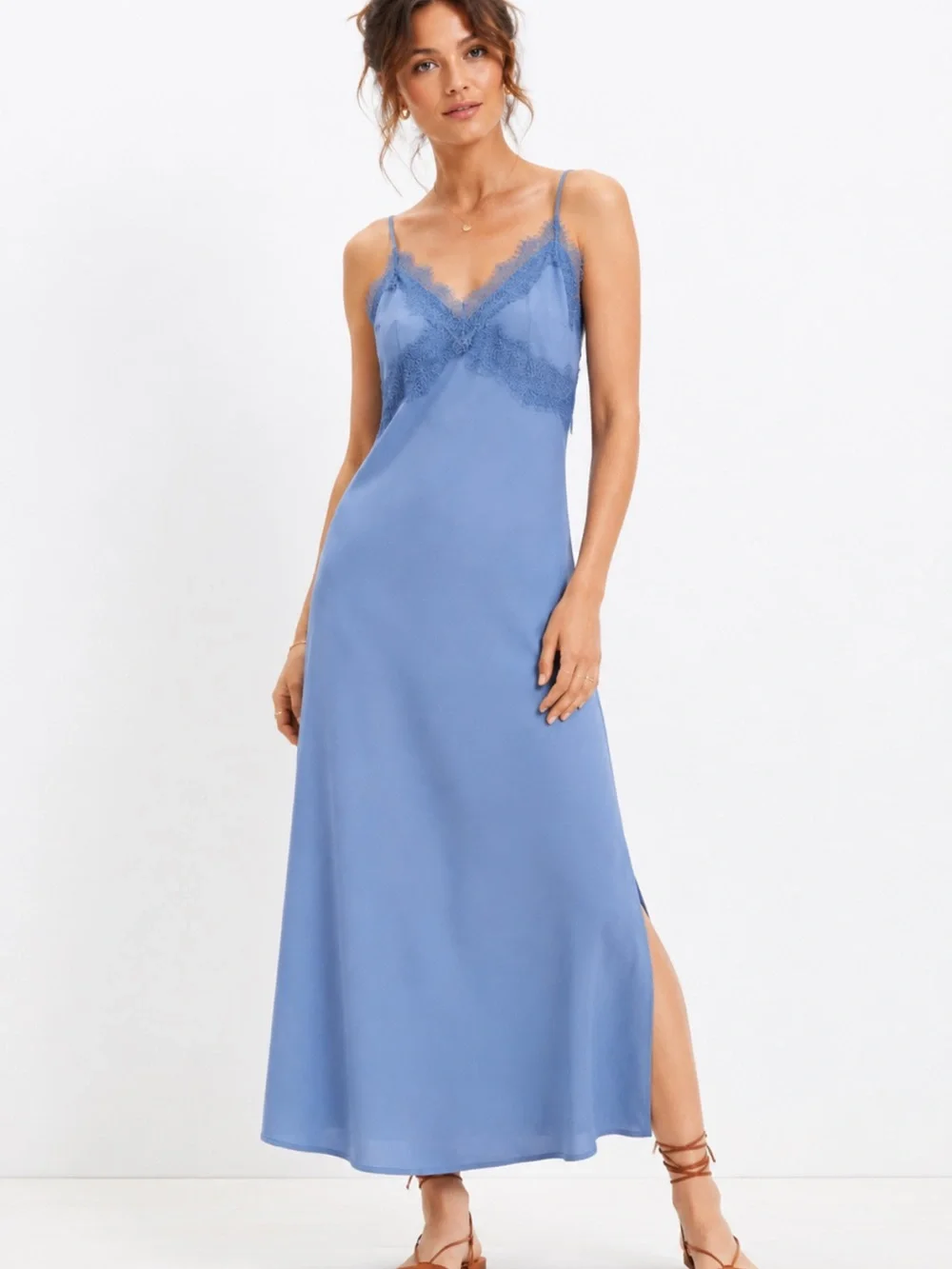 LOFT Lace Trim Midi Slip Dress Precious Sapphire Blue NWT - Picture 2 of 9